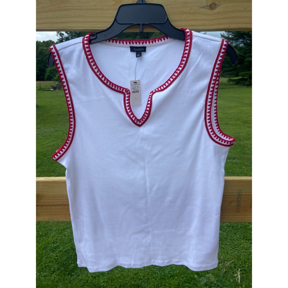 Talbots Womens White Red Whipstitch Ribbed Knit Sleeveless Split Neck Top Large